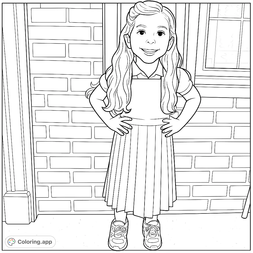 A cheerful young girl in a pleated jumper and collared shirt, standing confidently against a brick wall. Perfect for school-themed coloring fun.