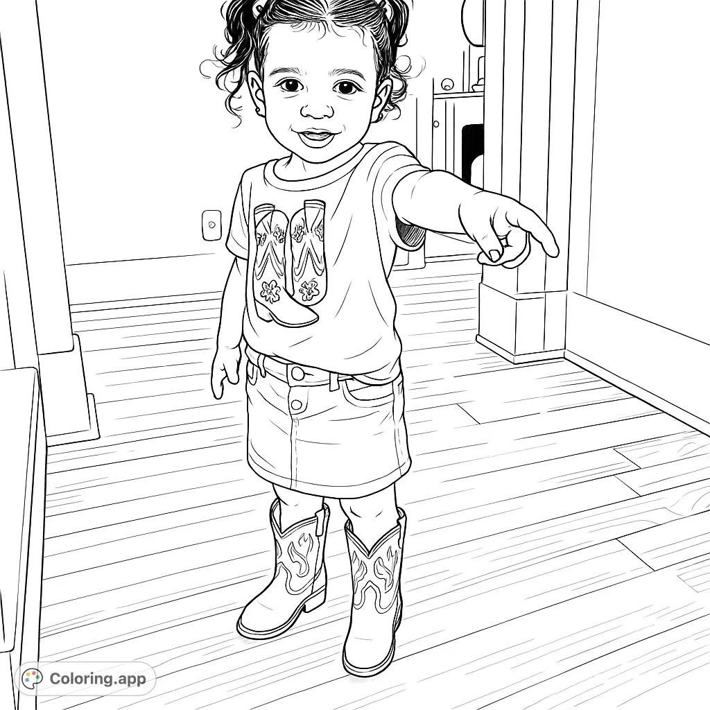 A delightful coloring page featuring a sweet child in cowboy boots and a patterned shirt, pointing the way. Perfect for young adventurers and western-themed fun.