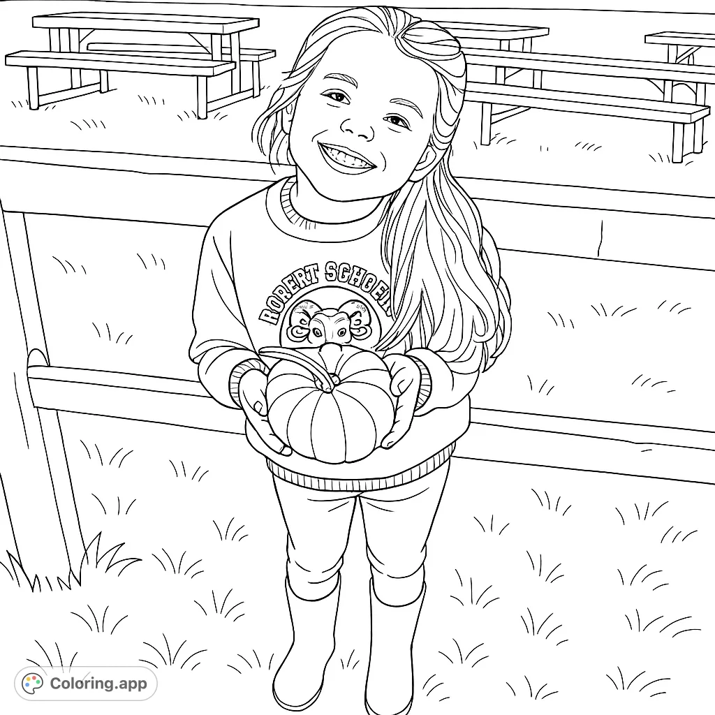 A cheerful girl holds a small pumpkin, ready for autumn adventures. Perfect for seasonal fun and creative expression.