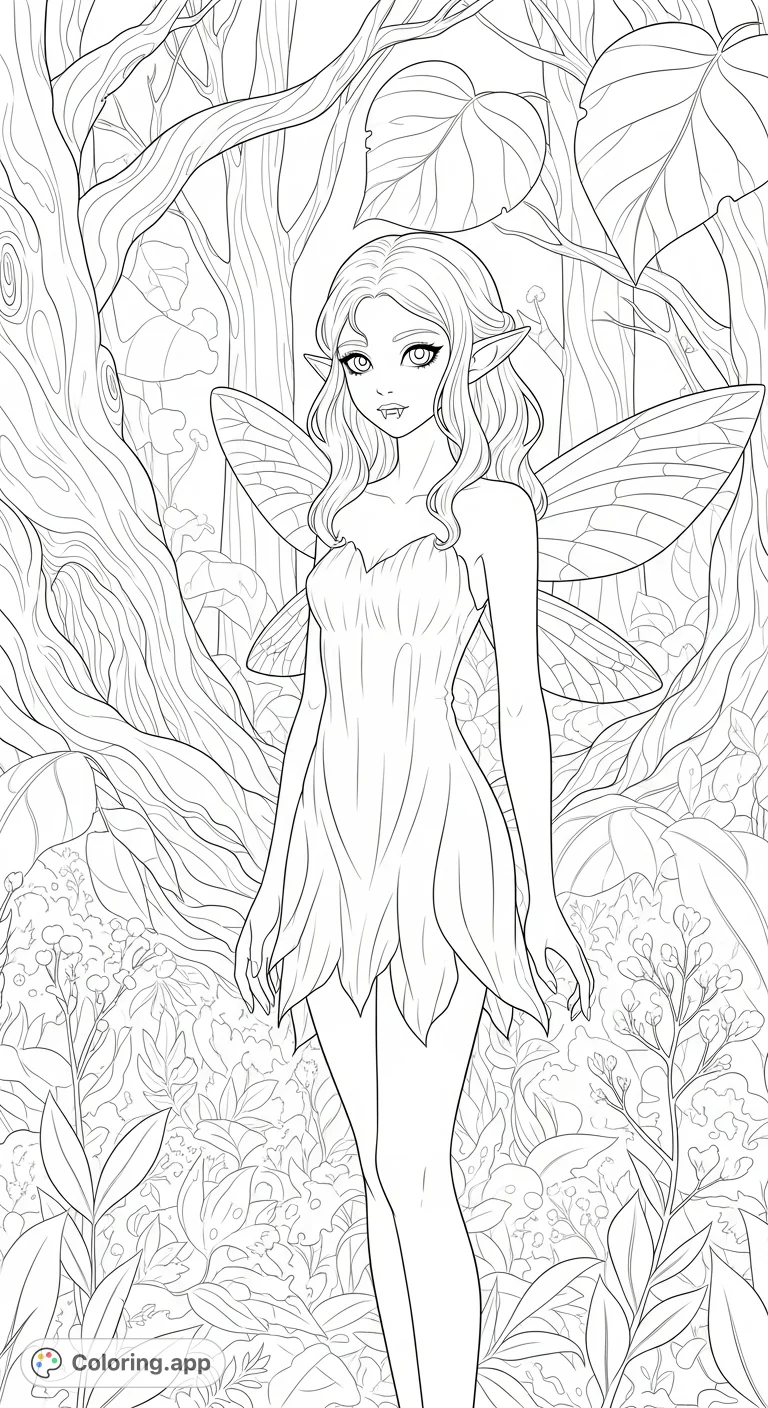 An enchanting anime vampire pixie girl with delicate wings and subtle fangs, depicted in a mystical forest. Perfect for adult colorists.
