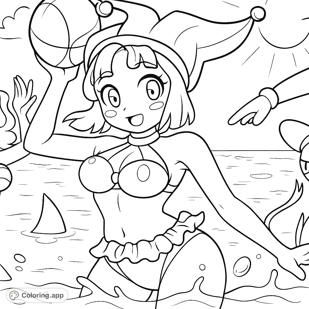 Dive into a playful beach scene featuring a jester-hatted character with a beach ball, surrounded by water and friends. A fun, engaging coloring page.