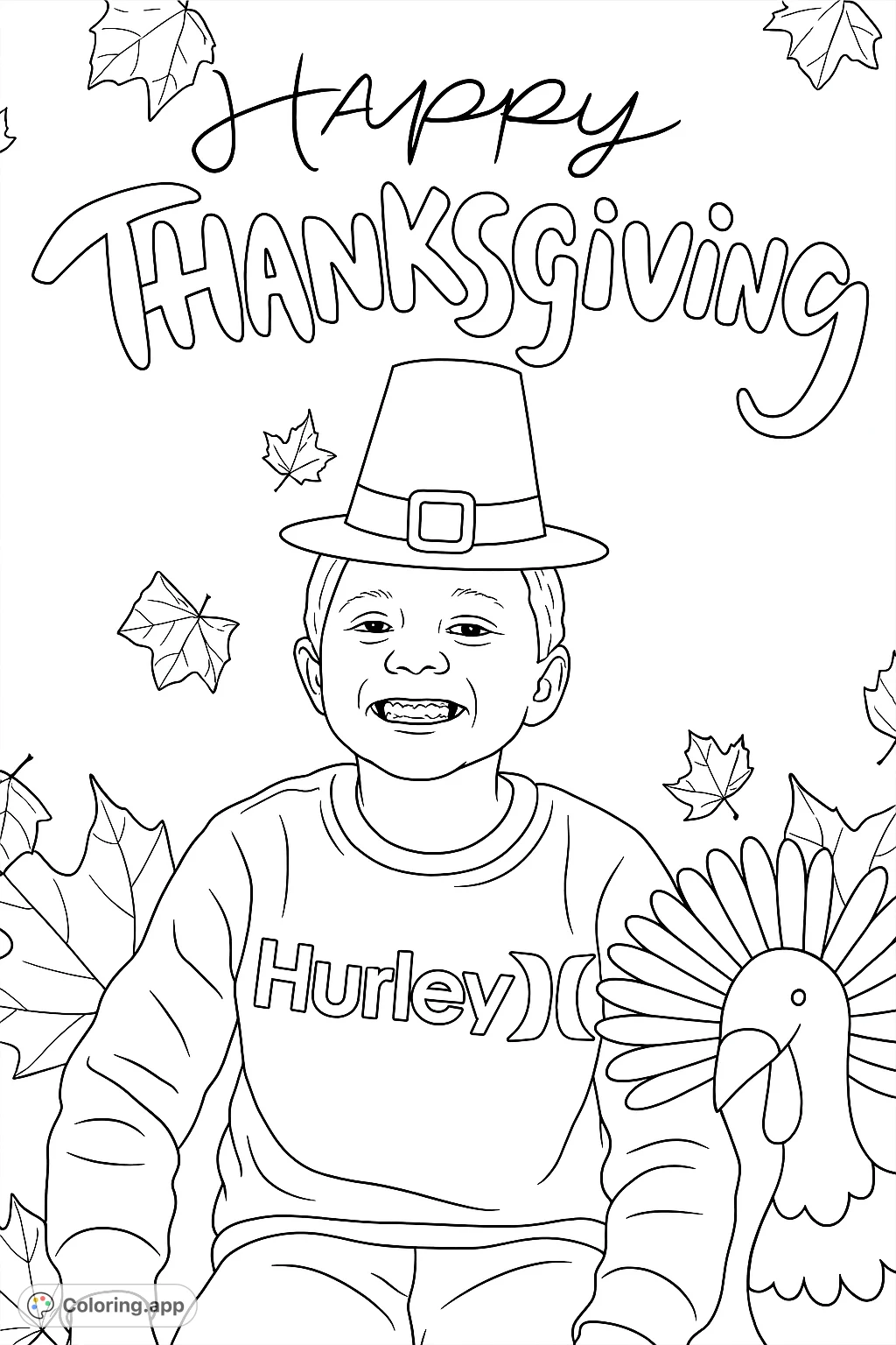 A joyful child in a pilgrim hat celebrates Thanksgiving, surrounded by festive text, falling leaves, and a friendly turkey. Perfect for holiday fun!