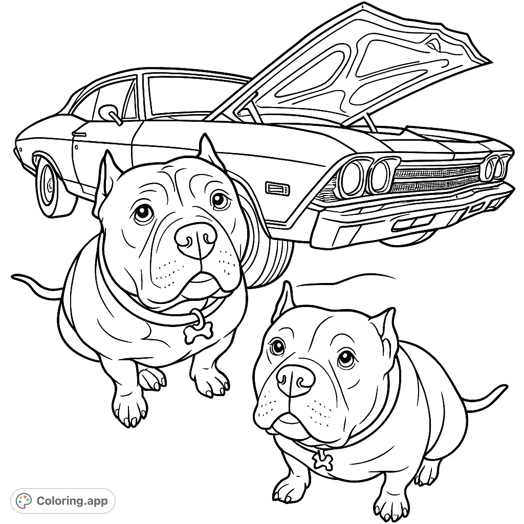 A charming dog poses in front of a classic convertible car with its hood open. Perfect for car enthusiasts and animal lovers to bring to life with their favorite colors.
