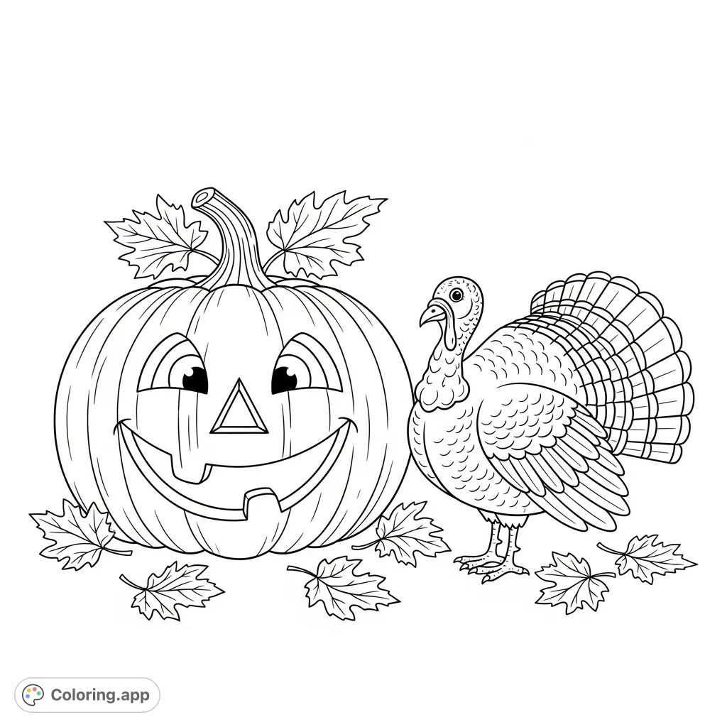 A cheerful Thanksgiving coloring page featuring a smiling pumpkin alongside a friendly turkey, surrounded by autumn leaves. Perfect for holiday fun!