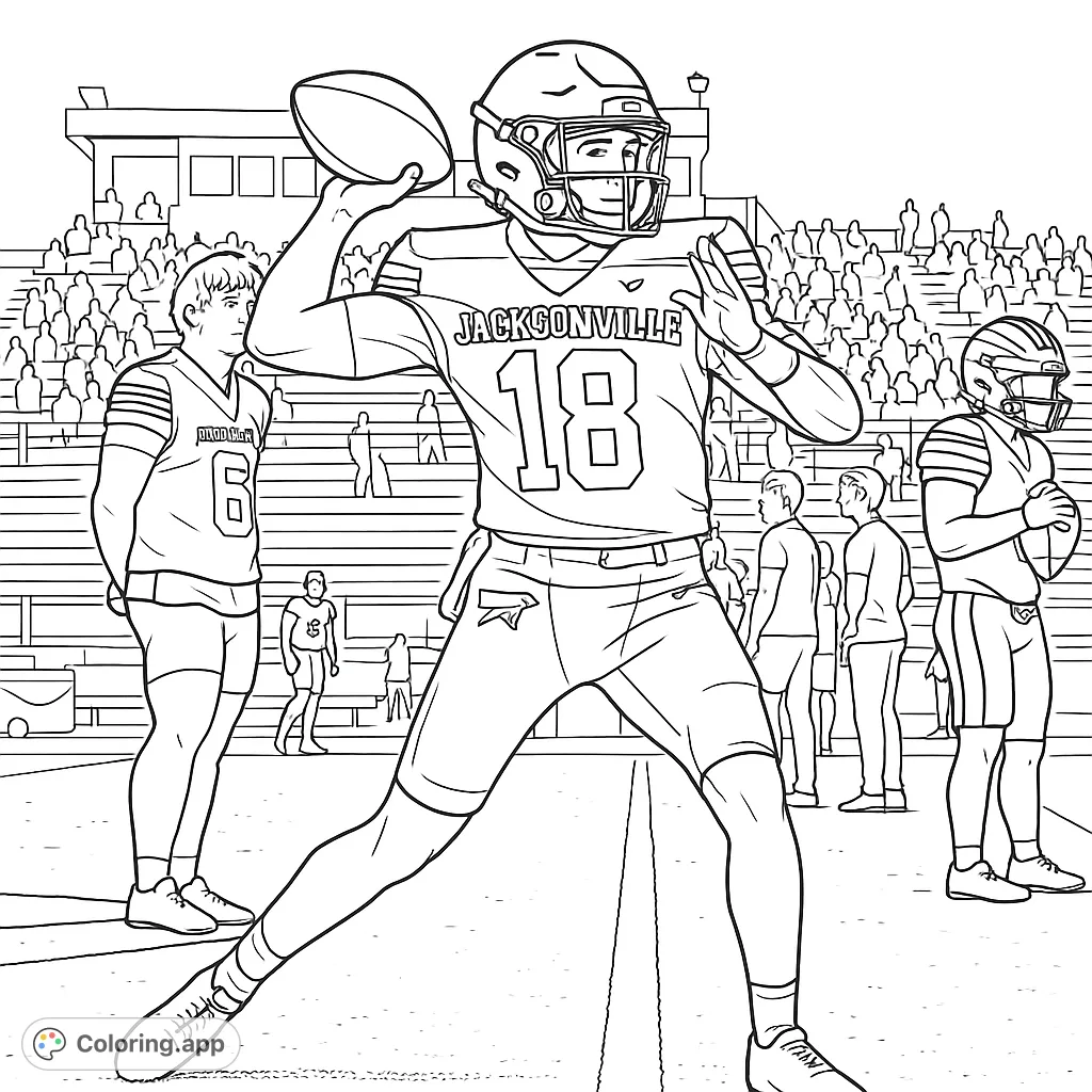 Dynamic football player in uniform, mid-throw on the field, with a stadium crowd in the background. Perfect for sports fans and detailed coloring.