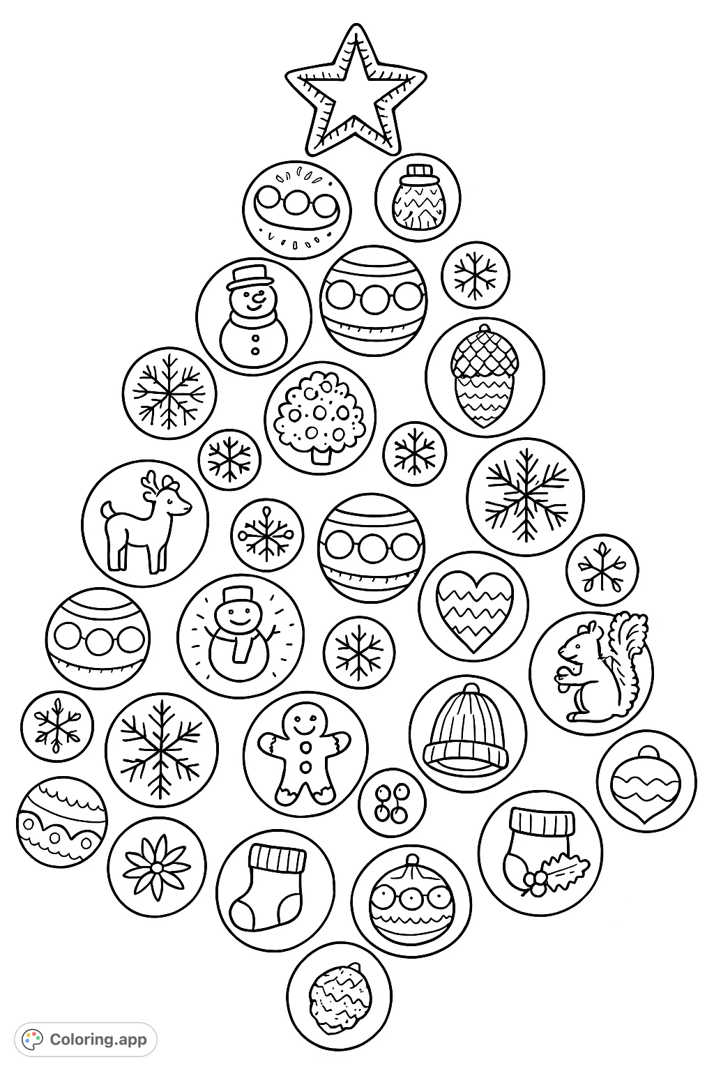 A charming collection of holiday and nature-themed appliques arranged as a festive tree. Perfect for a whimsical Christmas coloring page.