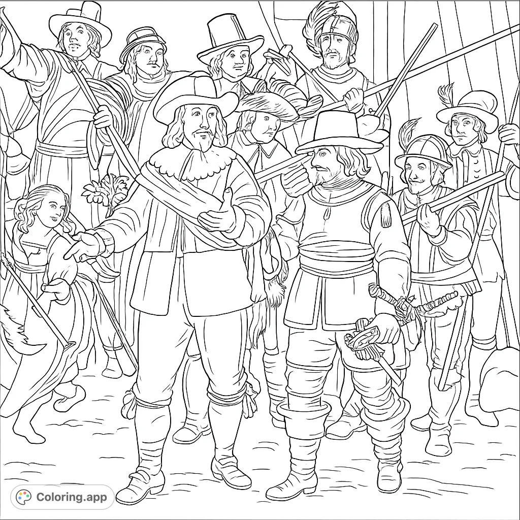 A dynamic historical scene featuring a company of civic guards in detailed 17th-century attire, with two prominent figures leading the bustling group.