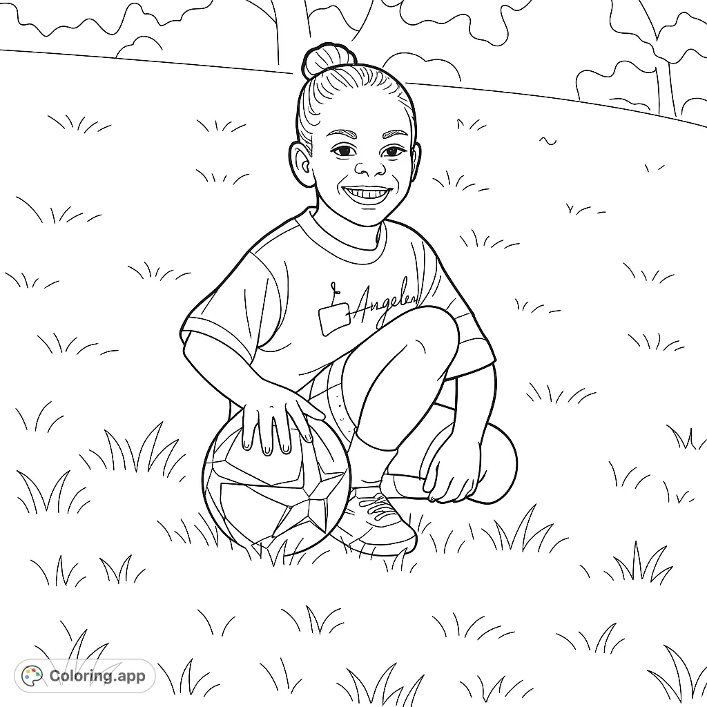A joyful child crouches on a grassy field, holding a soccer ball and smiling. Perfect for young sports enthusiasts to color and personalize.