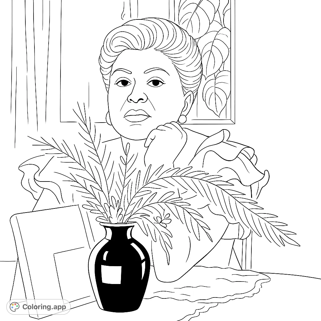 An elegant woman's portrait, featuring a contemplative pose, detailed facial features, and a foreground arrangement of foliage, perfect for adult colorists.