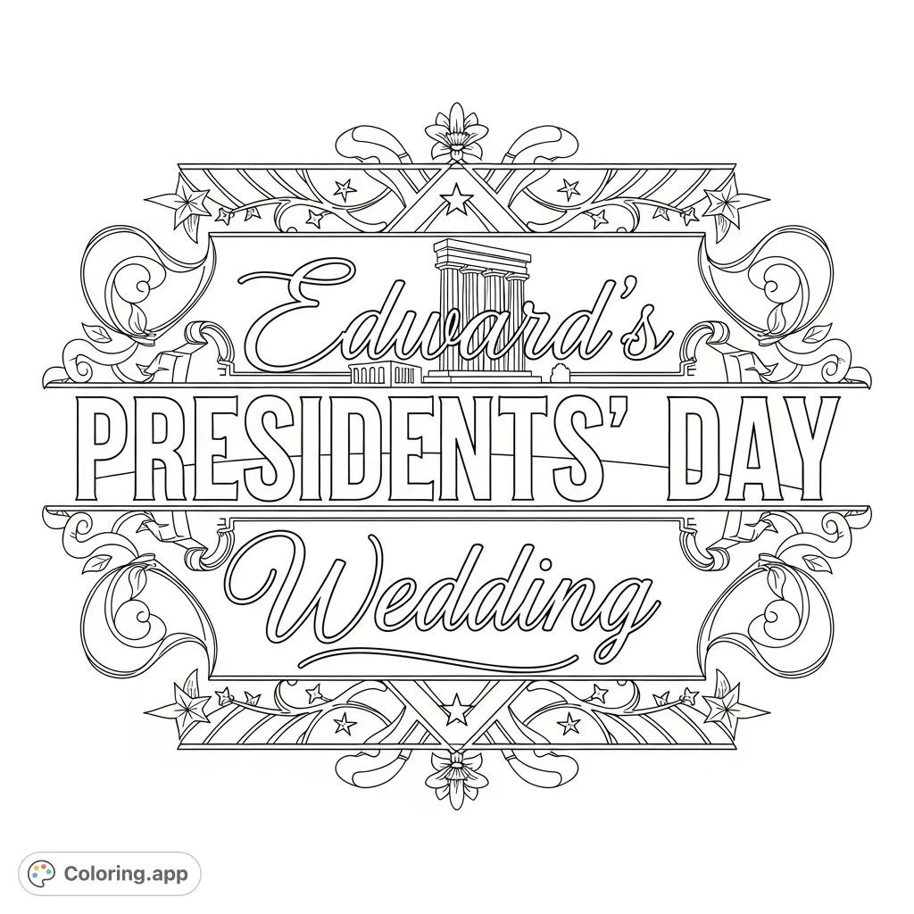 A unique text logo for Edward's Presidents' Day Wedding, featuring elegant typography, patriotic stars, stripes, and delicate floral details.