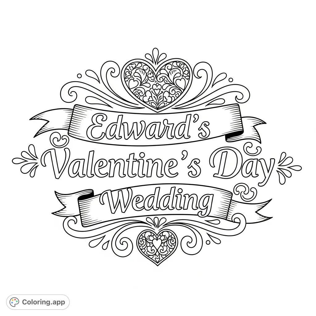An elegant text logo for Edward's Valentine's Day Wedding, featuring stylized lettering, hearts, and floral motifs. Perfect for a romantic coloring experience.
