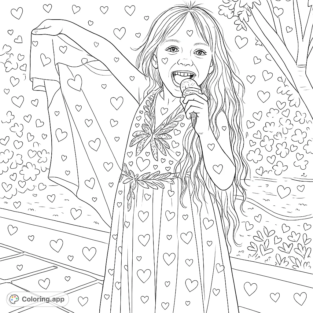 A joyful girl in a flowing, leaf-adorned gown sings into a microphone, surrounded by nature. This fairy princess coloring page features realistic details and decorative hearts.
