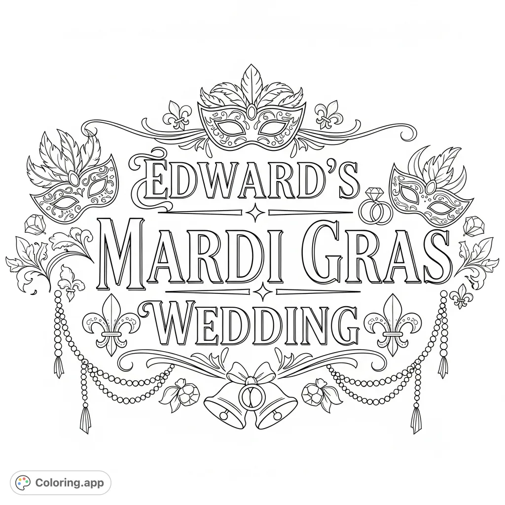 A festive Edward's Mardi Gras Wedding text logo coloring page, featuring elegant typography, ornate masks, draped beads, fleurs-de-lis, and wedding motifs.