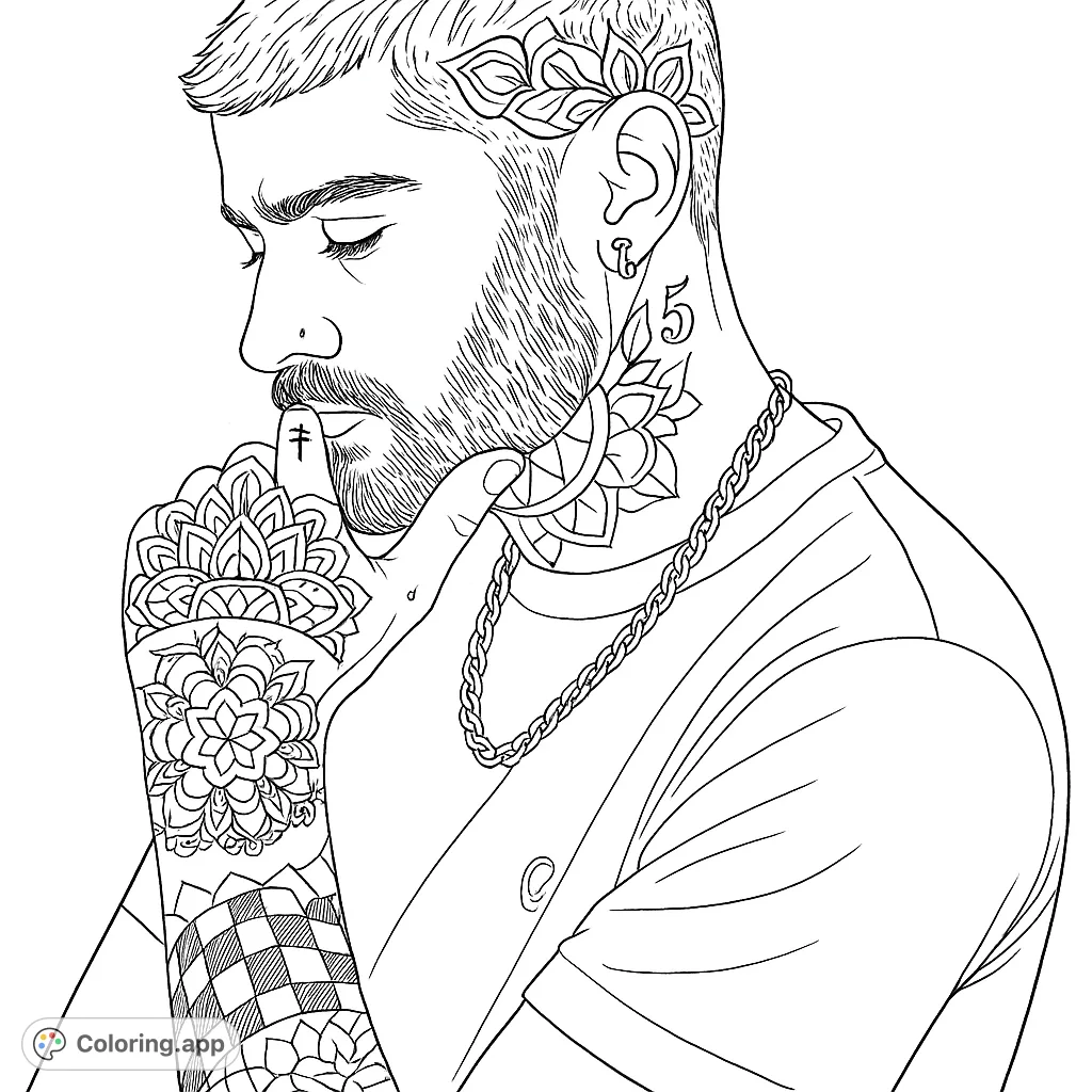 A detailed portrait featuring a person with intricate tattoos on their head, neck, and hands, captured in a thoughtful pose. Perfect for adult colorists.