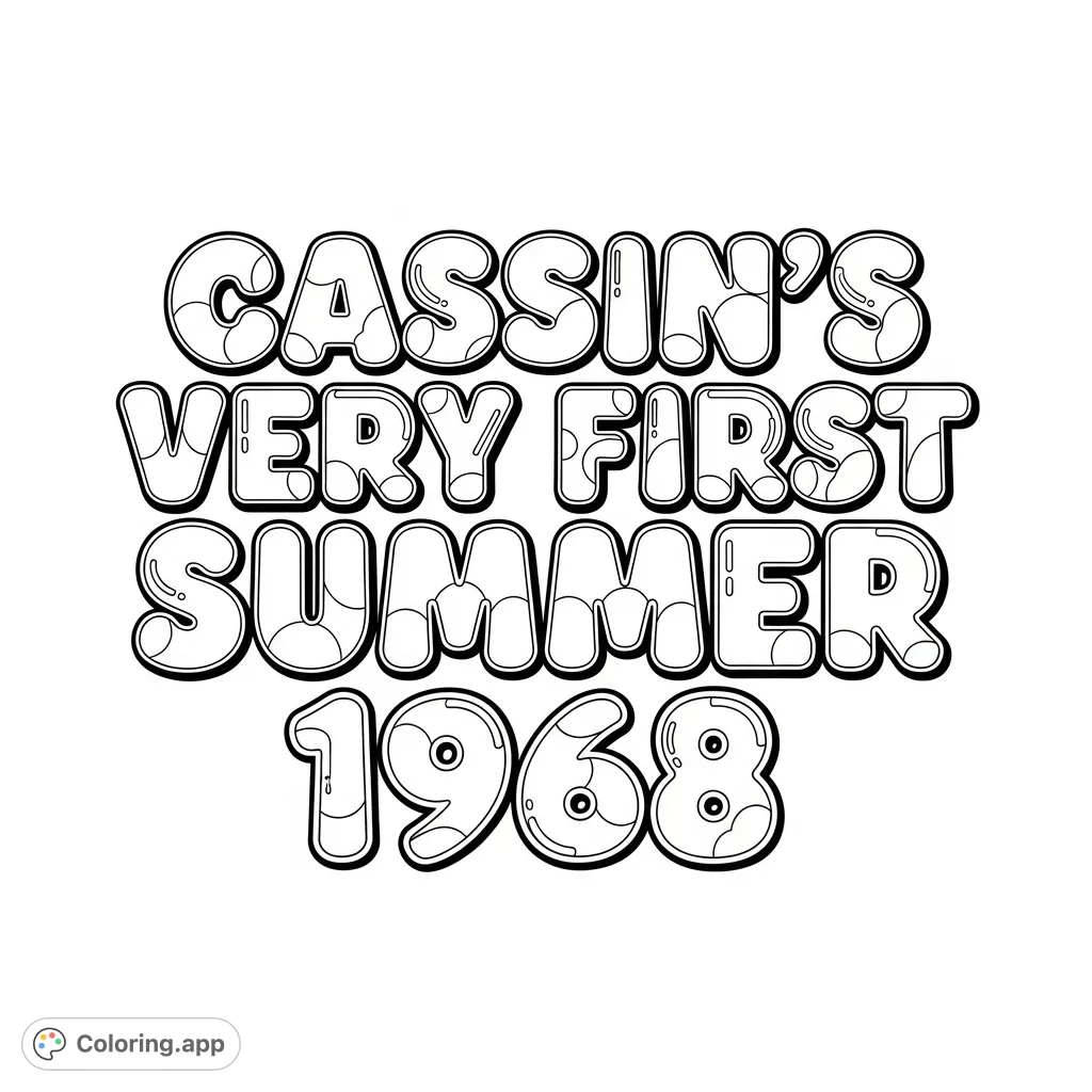 A retro-inspired text logo for 'Cassin's Very First Summer 1968' with bold, rounded typography and subtle decorative flourishes, perfect for a nostalgic coloring experience.