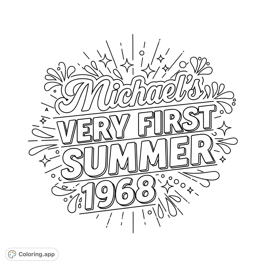A retro-inspired text logo for 'Michael's Very First Summer 1968,' featuring stylized fonts and decorative elements, perfect for a nostalgic coloring experience.