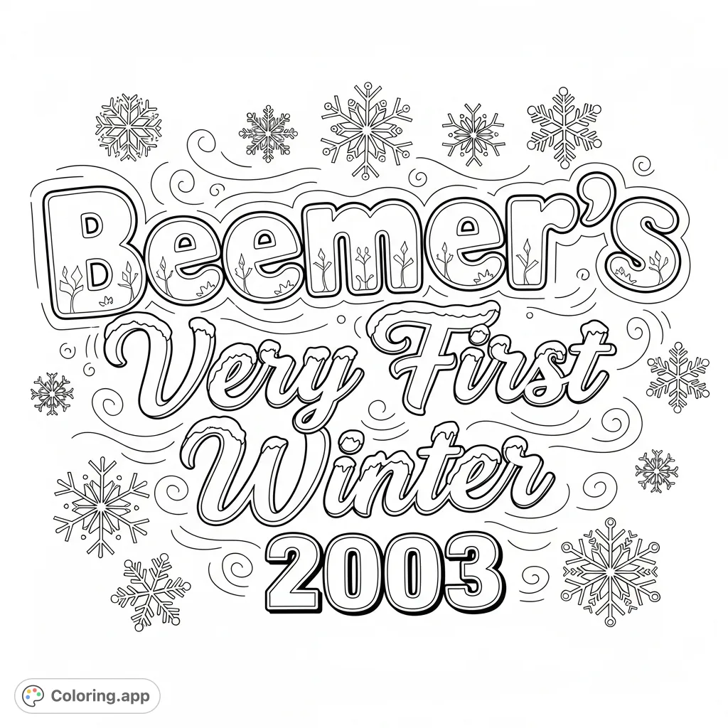 A unique text logo featuring 'Beemer's Very First Winter 2003' with frosty details and delicate snowflakes, perfect for winter-themed coloring.