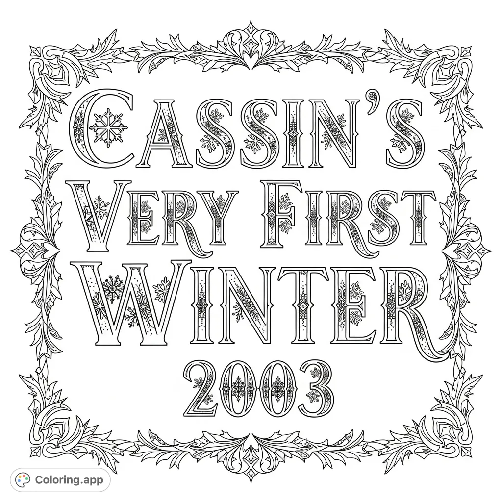A unique text logo featuring 'Cassin's Very First Winter 2003' with frosty details and winter-themed embellishments, perfect for a free printable coloring page.