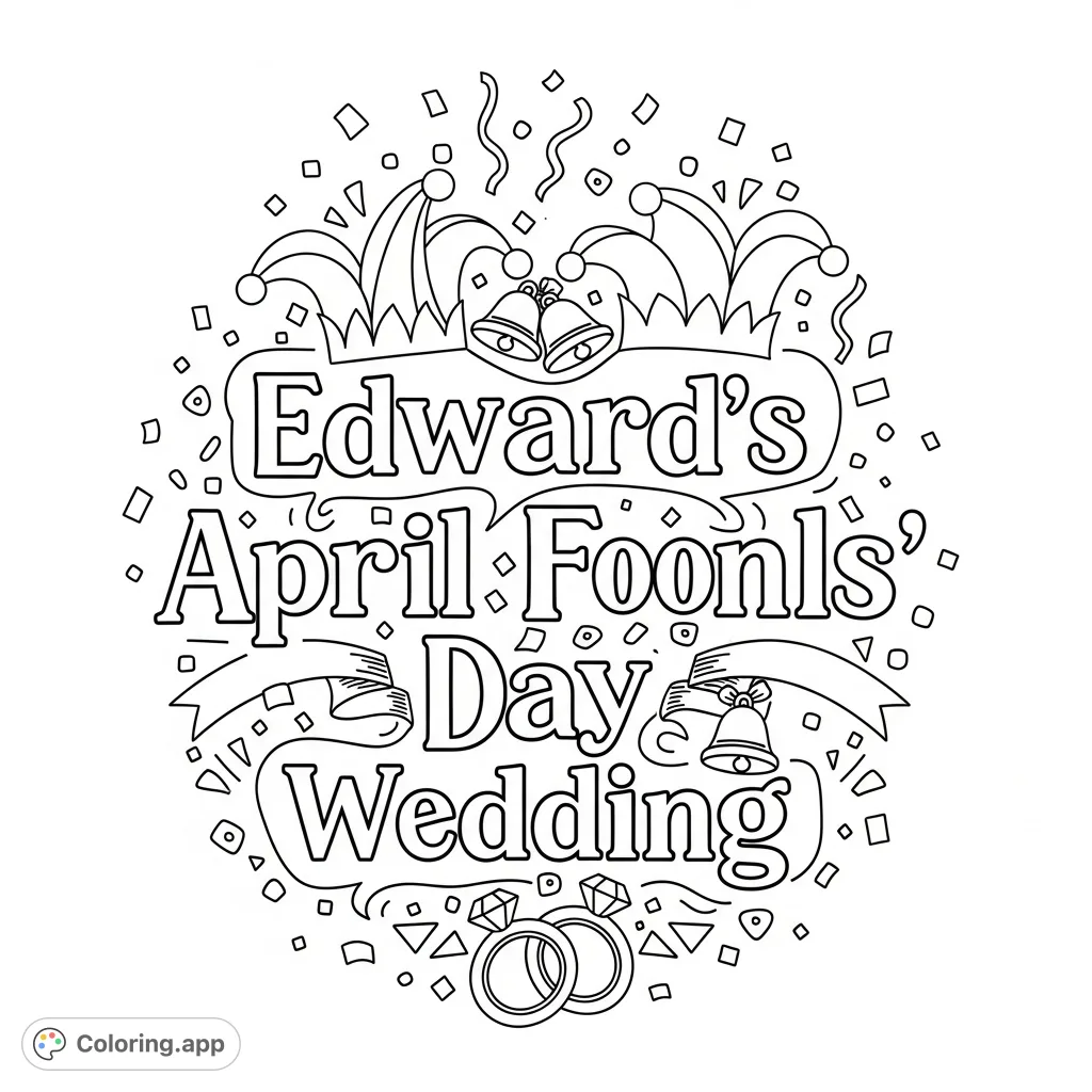 A whimsical text logo for Edward's April Fools' Day Wedding, featuring playful typography and festive, abstract decorations. Perfect for a unique celebration.