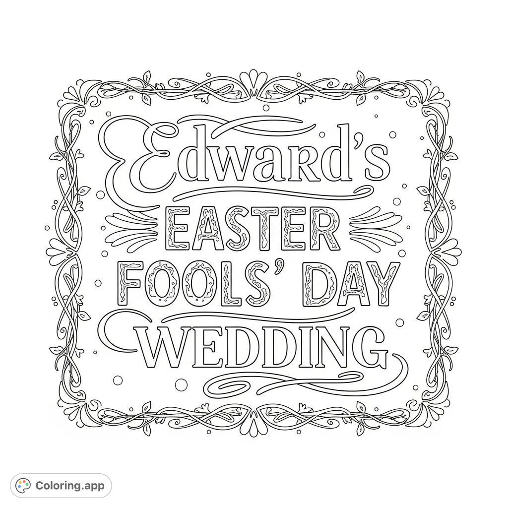 A unique text logo for Edward's Easter Fools' Day Wedding, featuring elegant and whimsical typography with decorative flourishes and a delicate border.