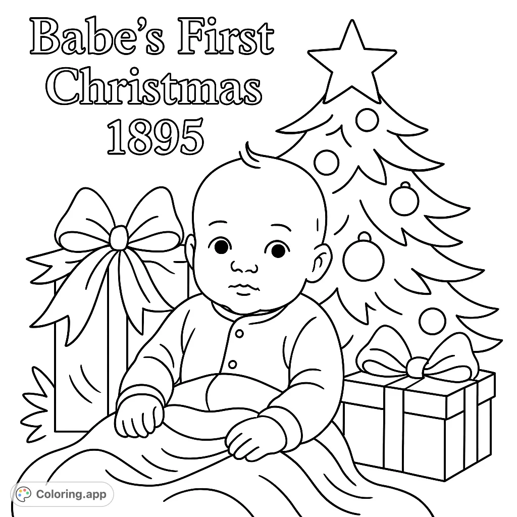 Celebrate a baby's first Christmas in 1895 with this charming coloring page. Features a festive tree, wrapped gifts, and cozy Victorian details.