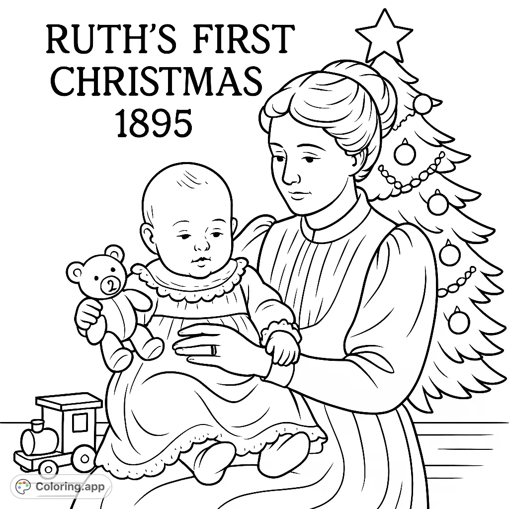 A unique text-based coloring page featuring "Ruth's First Christmas 1895" for a minimalist and customizable coloring experience.