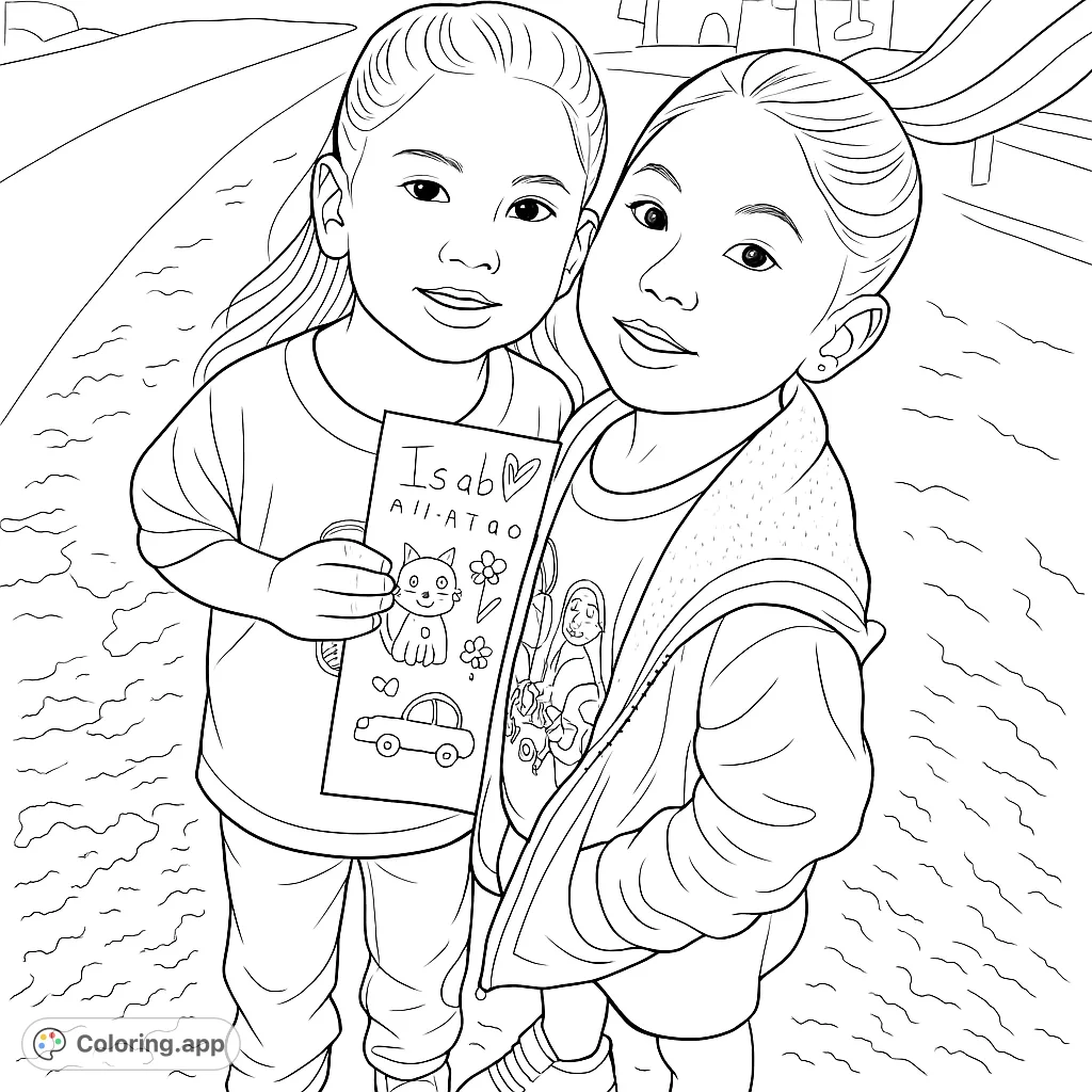 Two cheerful girls share a handmade drawing, captured in a heartwarming playground scene. A delightful coloring page for creative expression.