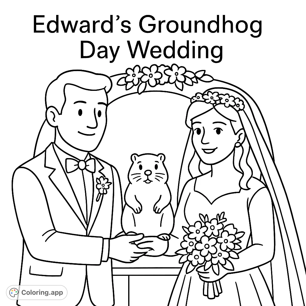 Celebrate Groundhog Day with this unique wedding-themed coloring page featuring the phrase "Edward's Groundhog Day Wedding." Perfect for custom creations!