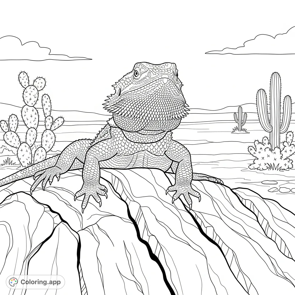 A detailed bearded dragon rests on a textured rock, capturing its unique scales and calm demeanor in a desert scene. Perfect for reptile enthusiasts.