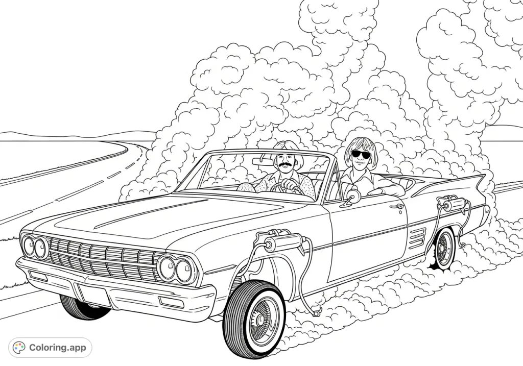 An iconic Cheech and Chong lowrider coloring page featuring the duo cruising in a classic car, surrounded by swirling smoke. Perfect for adult fans!