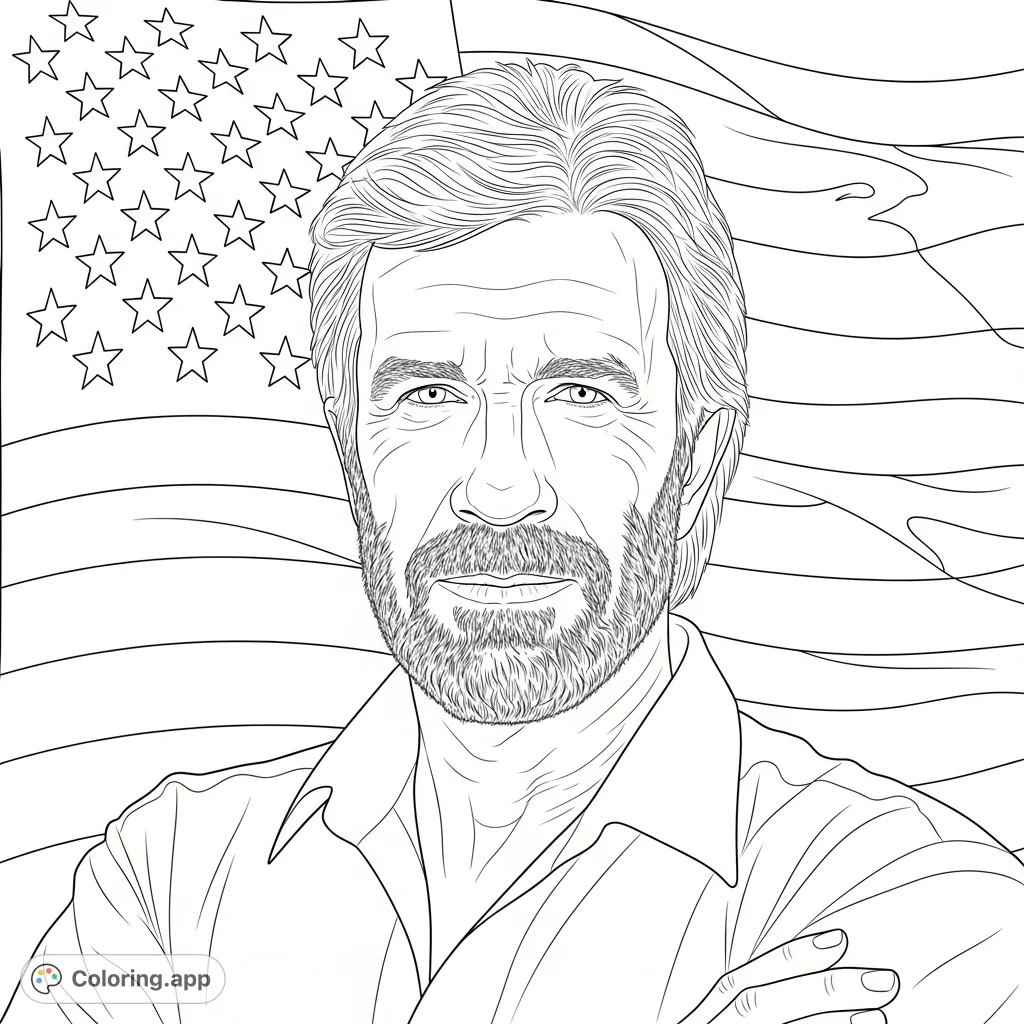 An iconic Chuck Norris portrait set against a striking American flag background, capturing his legendary presence. A powerful, free printable coloring page.