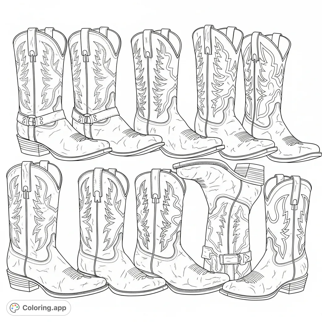 Step into the Wild West with this free printable coloring page featuring eight uniquely positioned cowboy boots, perfect for all ages to color.