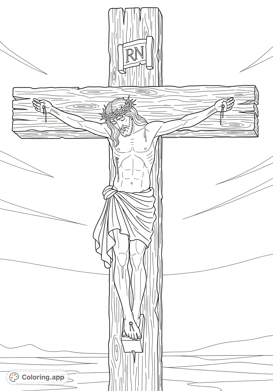 A solemn Jesus on the cross, detailed with a crown of thorns and rugged wood, offering a powerful scene for reflective coloring and spiritual contemplation.