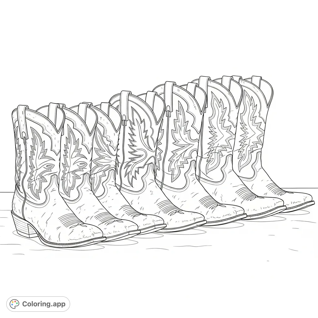 Explore a unique collection of six distinct pairs of used cowboy boots, each with detailed stitching, varying styles, and authentic worn textures.