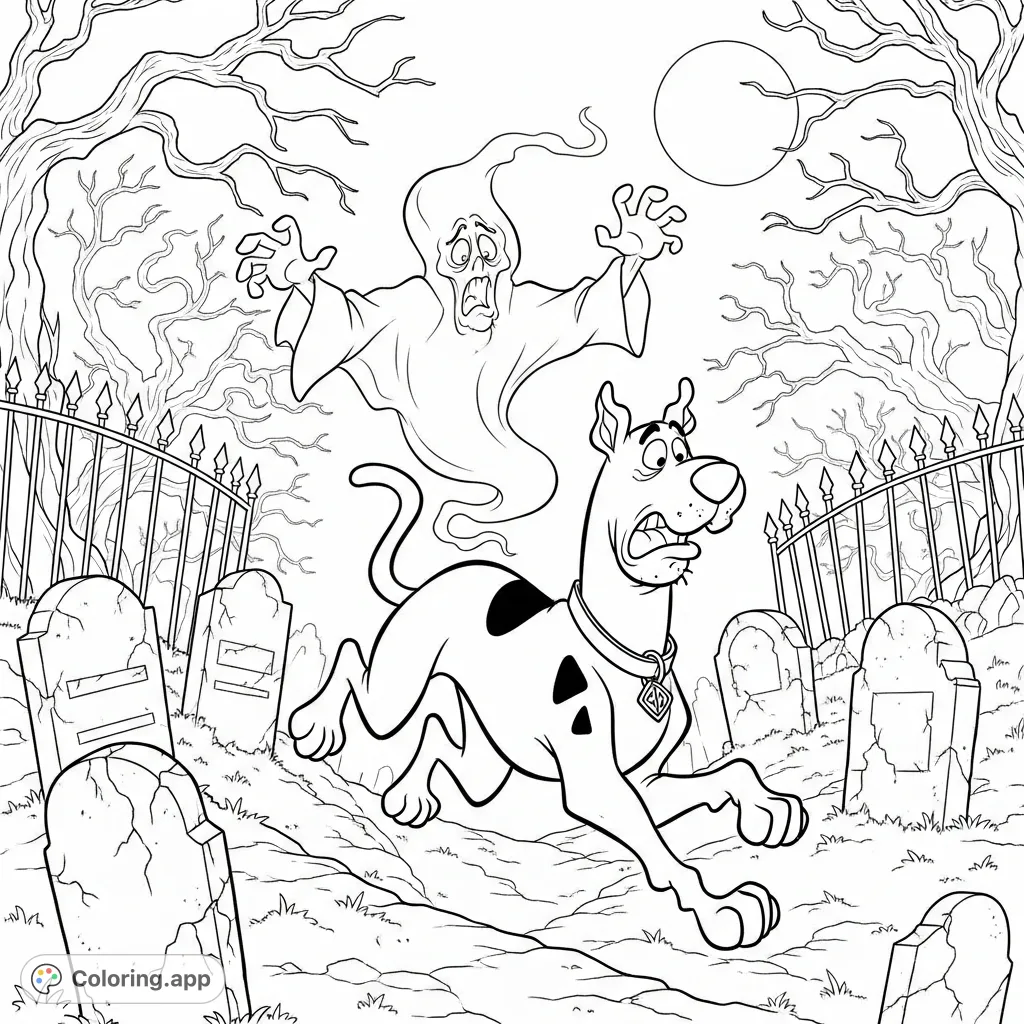A thrilling Scooby-Doo coloring page featuring the iconic dog fleeing a spooky ghost in a detailed graveyard, perfect for mystery and cartoon fans.