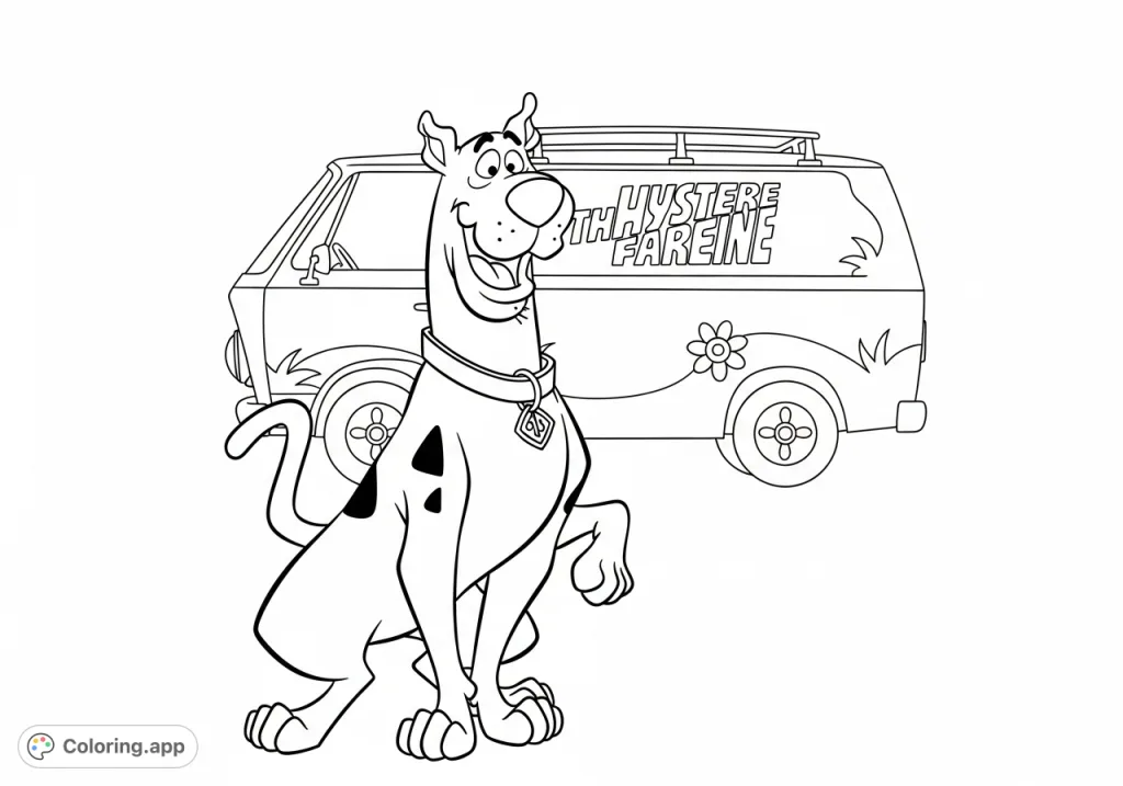 A fun Scooby Doo coloring page featuring the lovable dog with his signature grin, standing in front of the iconic Mystery Machine outline. Perfect for fans!
