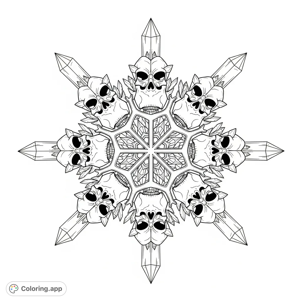 An intricate coloring page featuring a unique fusion of delicate snowflakes and detailed skeletal skulls, offering a captivating challenge for artists.