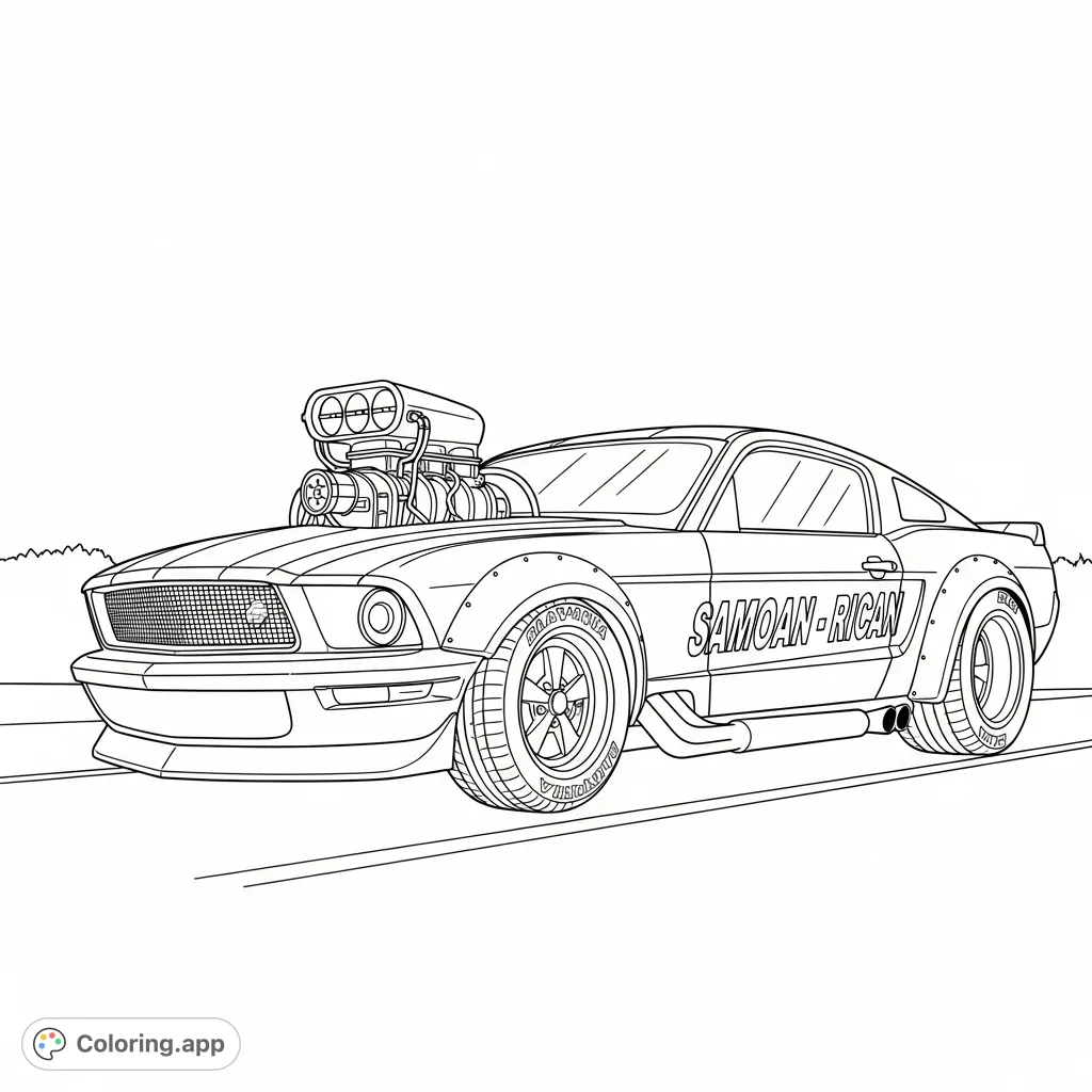 Unleash your creativity on this powerful hot rod Mustang coloring page, featuring a supercharger and unique 'Samoan - Rican' text. A thrilling design!