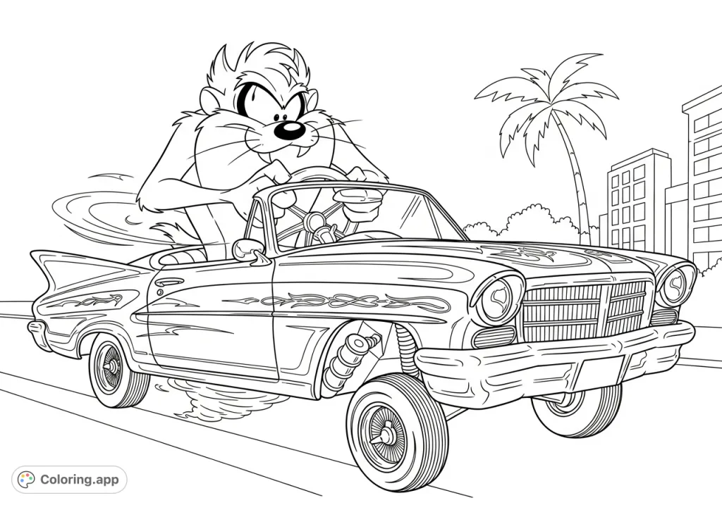 Join Taz as he cruises in a custom lowrider, complete with intricate patterns and hydraulic details. A fun, energetic free printable coloring page for all ages.