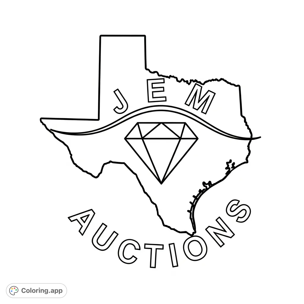 Discover a unique Texas coloring page featuring the state outline with a prominent diamond and the words 'JEM Auctions'. Perfect for all ages!