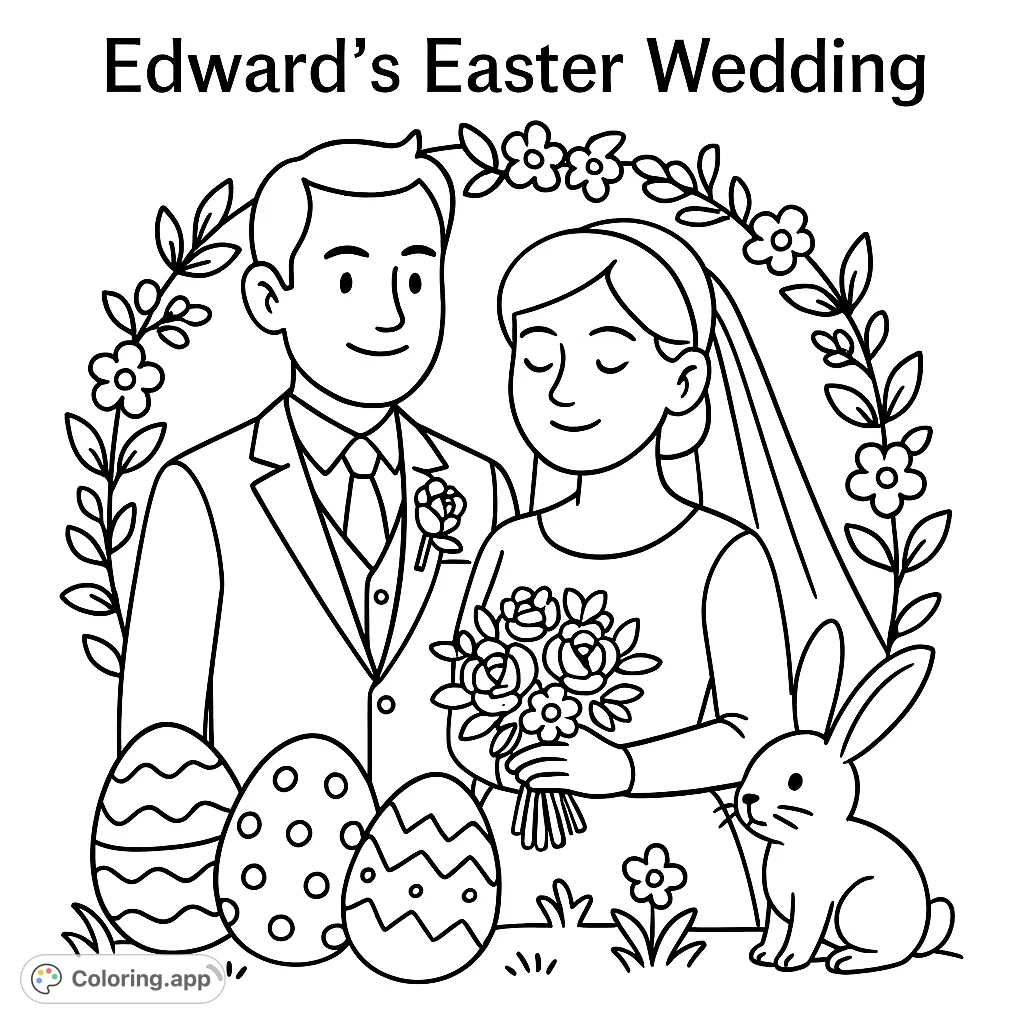 Celebrate love and spring with this Edward's Easter Wedding coloring page. Features a couple, floral arches, decorative eggs, and playful bunnies.