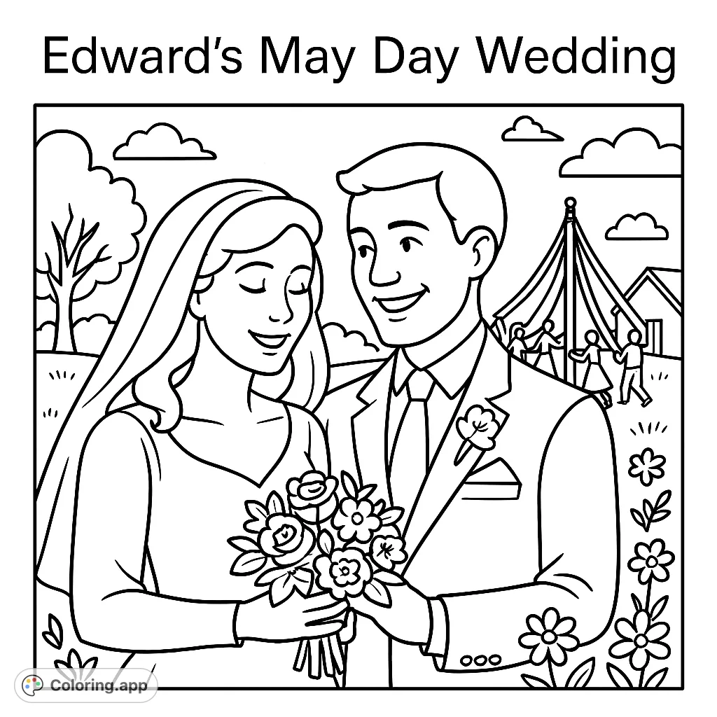 Celebrate love with this Edward's May Day Wedding coloring page, featuring a happy couple, floral arch, and a beautiful garden setting.
