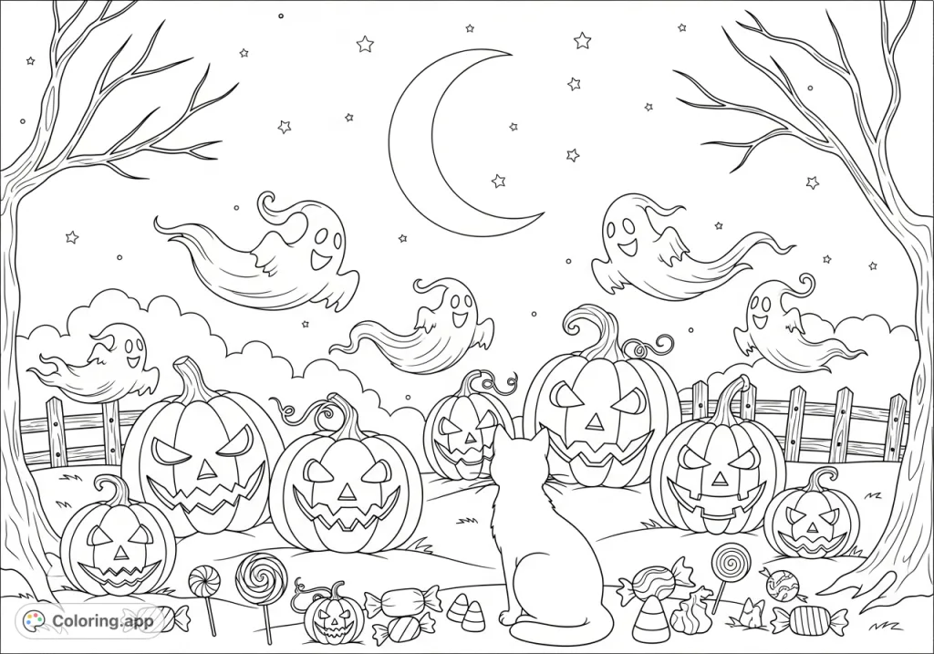 A delightful Halloween scene featuring grinning jack-o'-lanterns, playful ghosts, a curious cat, and an assortment of festive candy under a crescent moon.