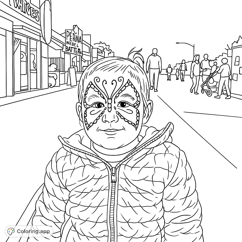 A delightful coloring page featuring a child with intricate butterfly face paint at a lively fairground, surrounded by vendor stalls and people.