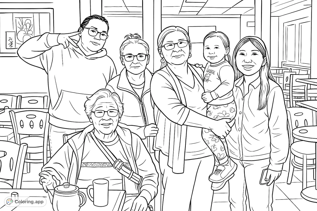 A heartwarming family gathering featuring six individuals across generations, sharing smiles and moments in a cozy dining setting. Perfect for a family coloring page.