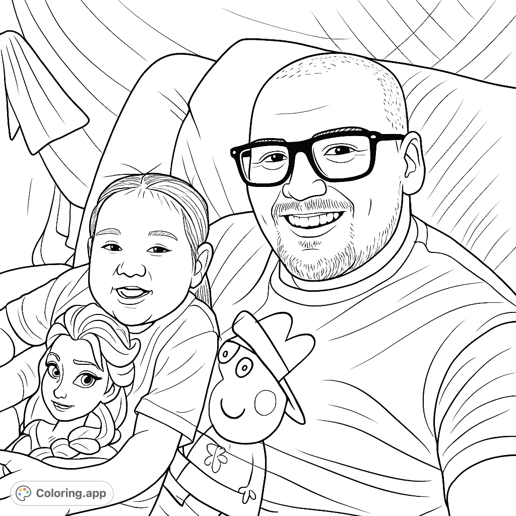 A heartwarming coloring page featuring a smiling man and child, perfect for celebrating family bonds and creating a personalized keepsake.