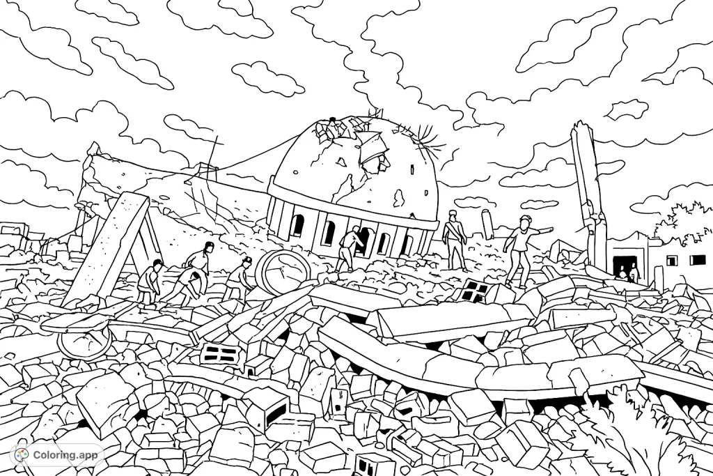 Explore a powerful scene of a collapsed building with a prominent dome amidst extensive rubble, featuring figures navigating the debris. A thought-provoking coloring page.