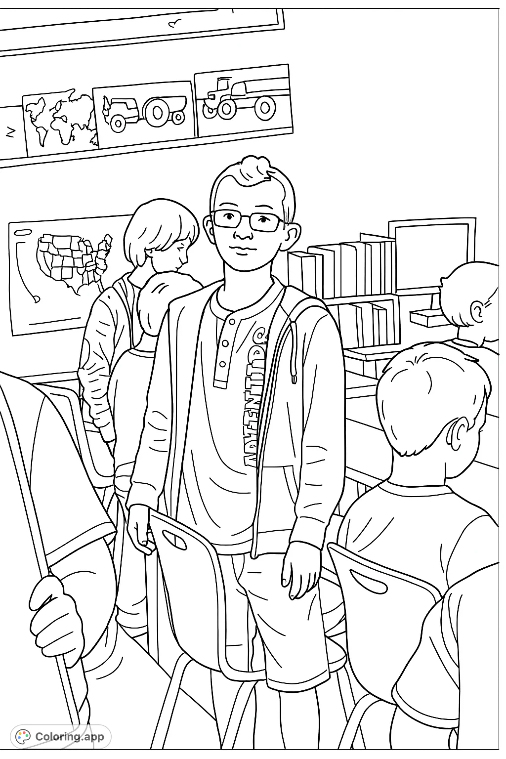A lively classroom scene featuring a young boy with glasses, surrounded by classmates and educational elements like a US map and bookshelves. Perfect for school-themed coloring.