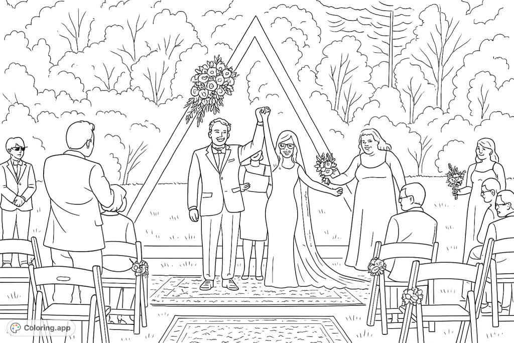 Celebrate love with this joyful outdoor wedding coloring page. A happy couple under a floral arch, surrounded by bridesmaids and guests in a scenic field.