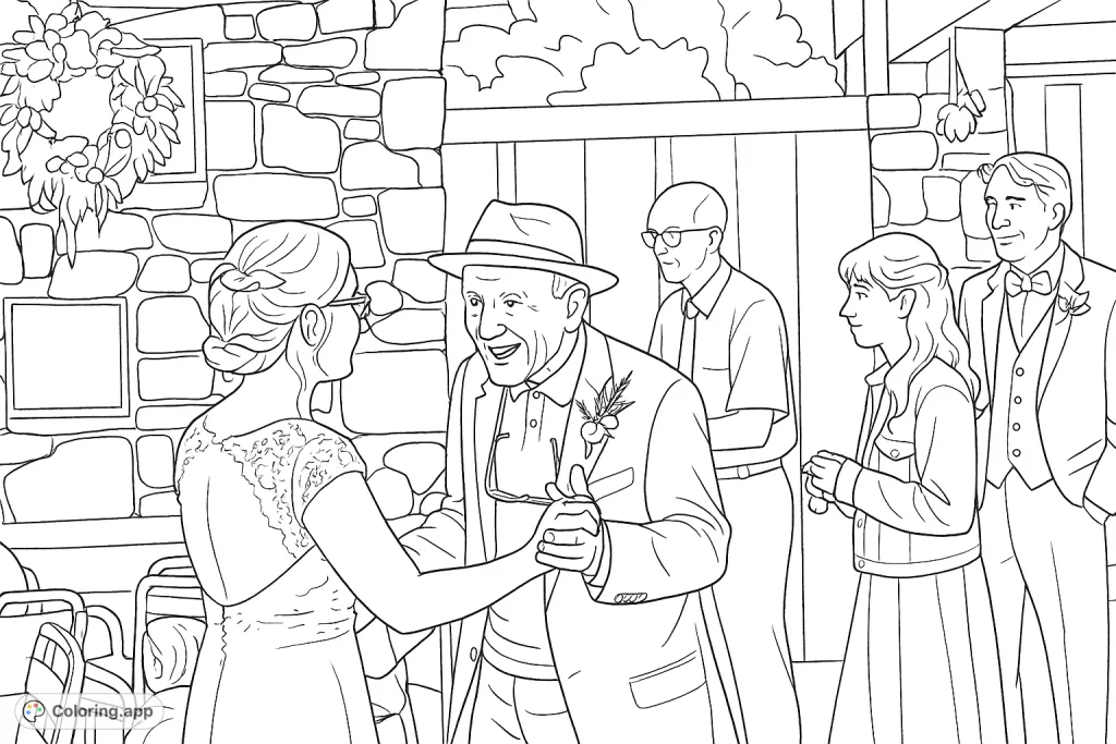 Capture the heartwarming moment of a bride dancing with an older gentleman, surrounded by a festive atmosphere. A joyful celebration scene.